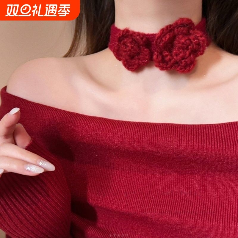 秋冬氛围感针织花朵颈链女高级感温柔气质小众毛衣链百搭项链配饰