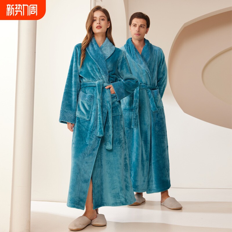 秋冬季长款加厚法兰绒睡袍男女士加肥大码宽松珊瑚绒浴袍浴衣