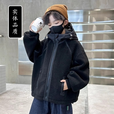 男童冬装加绒外套2025新款儿童秋冬款夹棉加厚羊羔绒毛毛衣潮双面
