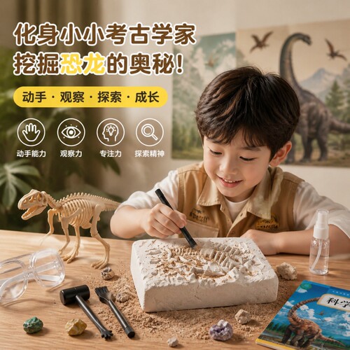 儿童手工考古恐龙化石挖掘石膏玩具霸王龙拼骨架模型男孩礼物动物