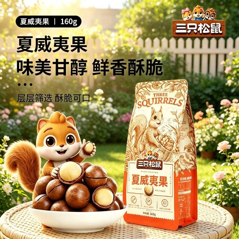 三只松鼠夏威夷果160g袋坚果零食小吃干果奶油味送开口器坚果零食
