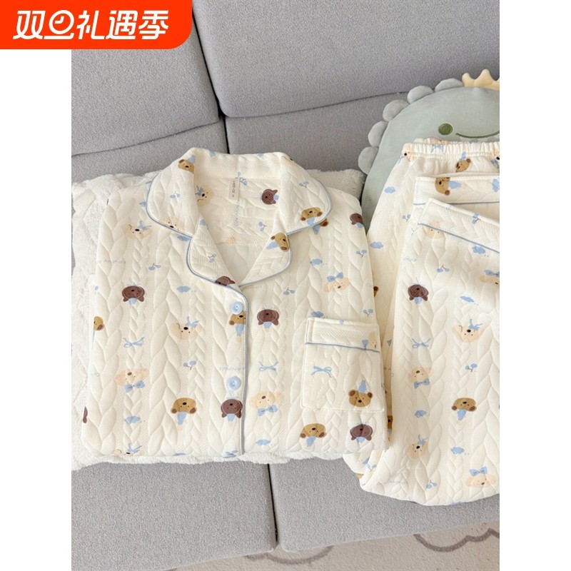 红豆可爱小狗空气夹棉睡衣女款春秋冬季夹层加厚学生少女家居服可