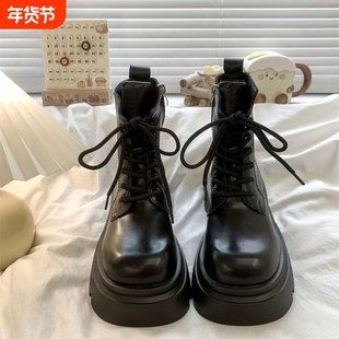 ivaj真皮2026新款秋冬爆款马丁靴女厚底增高单靴英伦风系带短靴子