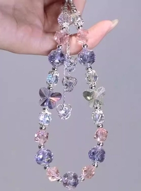 【紫韵甜心】爆闪紫色爱心流苏手机链手机挂绳小包相机挂件挂饰发