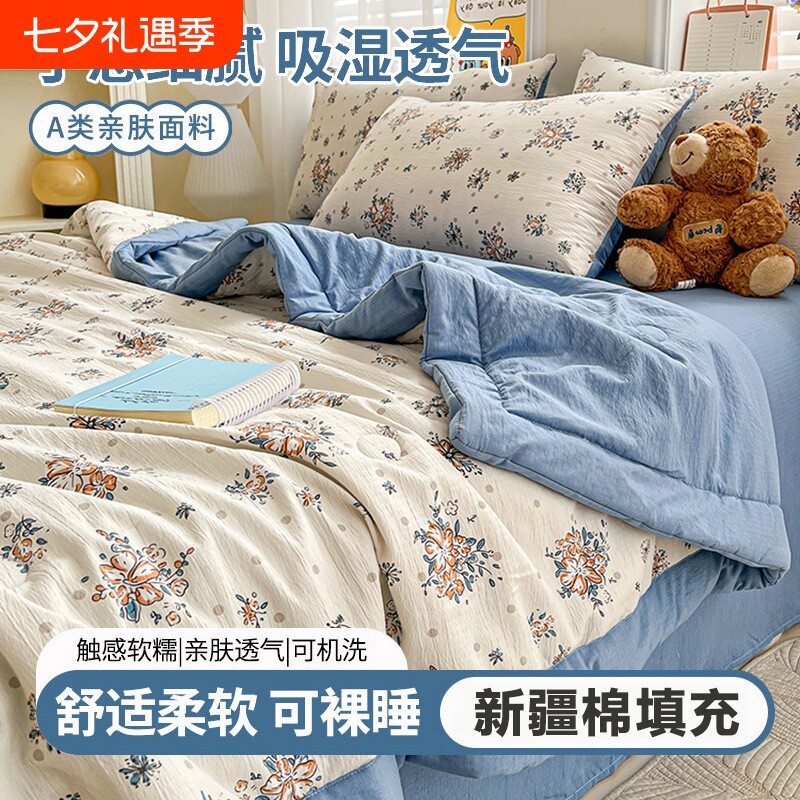 双层纱夏被新疆棉花夏凉被夏季卧室空调被可水洗被子被芯印花薄被