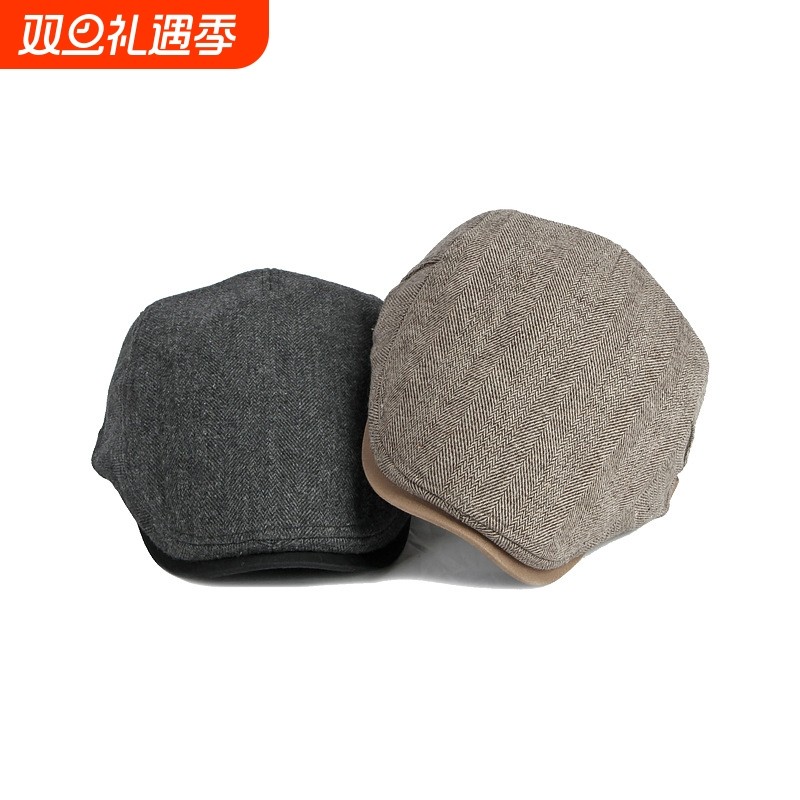 贝雷帽女男帽子秋冬英伦风复古加绒保暖鸭舌帽中年前进帽灰色休闲