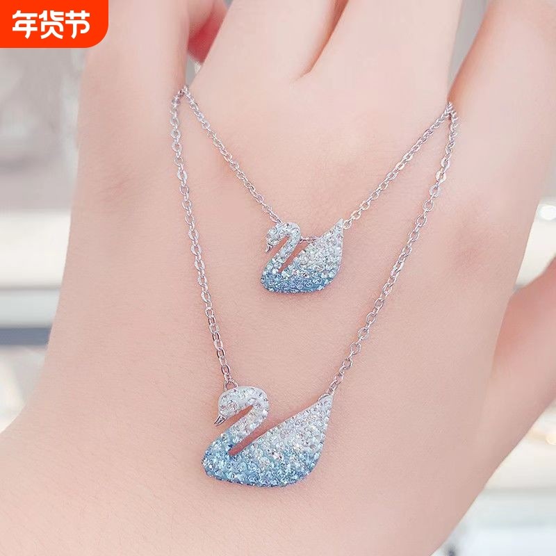 施家1:1对版渐变蓝天鹅玫瑰金黑天鹅项链女施华洛天鹅锁骨链代发