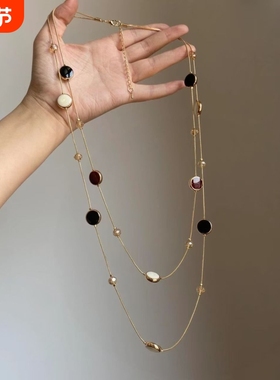 中古复古圆牌串珠项链2025新款金色轻奢高级感设计气质长款锁骨链