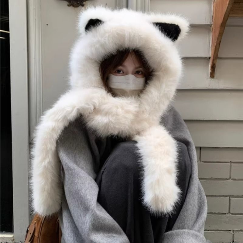毛绒绒加厚狐狸耳朵帽子围巾一体女2025年秋冬季保暖雷锋帽白色