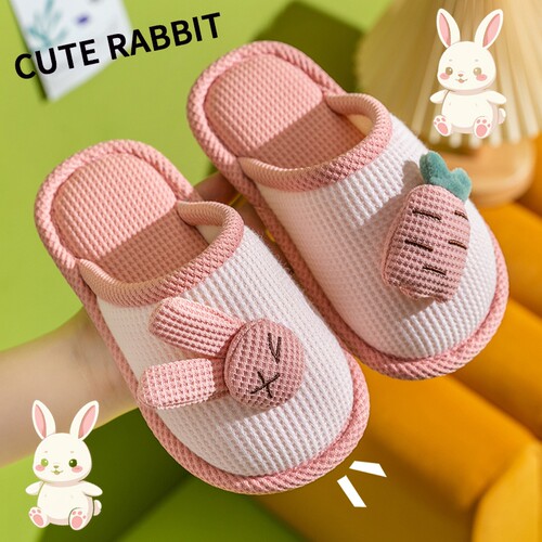 儿童棉麻拖鞋男童女童居亲子室内防滑宝宝包跟防水冬季棉布粉色