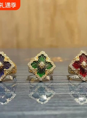 法式复古四叶草戒指金边浮雕红色珐琅指环气质小众百搭轻奢饰品
