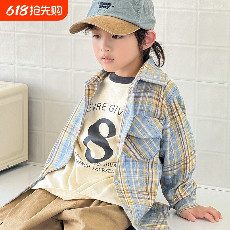 男童衬衫长袖春秋款2026新款中大童洋气时髦上衣男孩衬衣纯棉格子