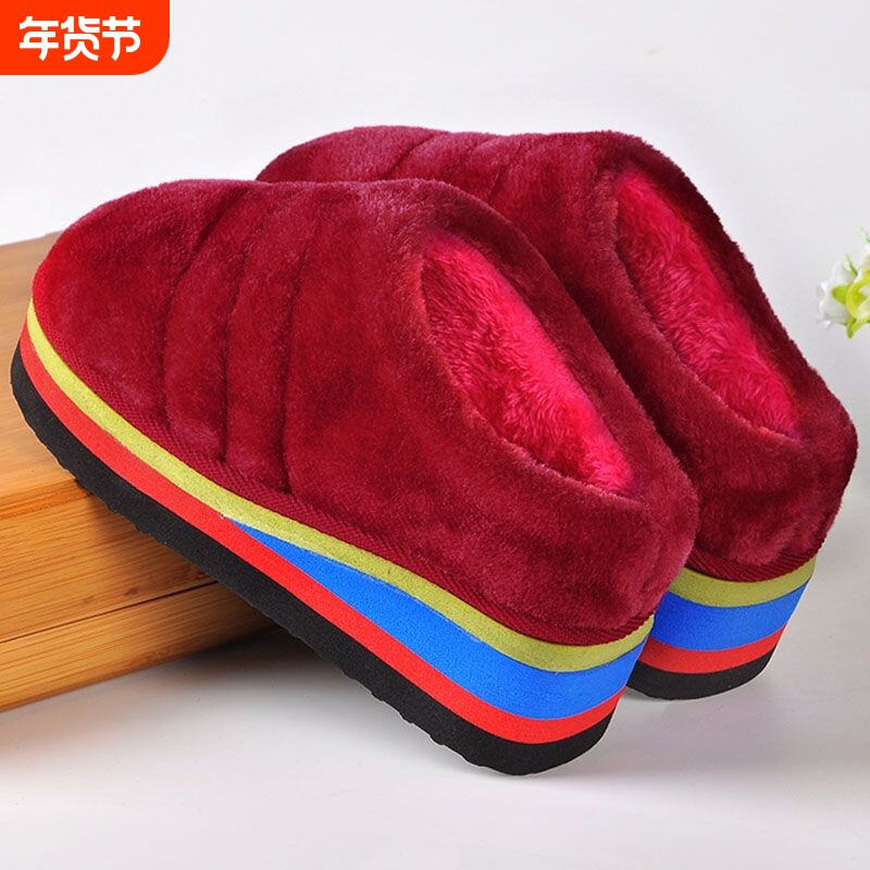 冬季棉拖鞋女高跟厚底坡跟居家保暖泡沫底松糕底半包跟手工棉拖鞋