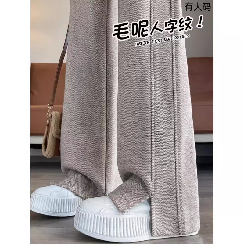 毛呢裤子女秋冬高腰加绒加厚阔腿裤女窄版直筒休闲杏色羊绒垂感