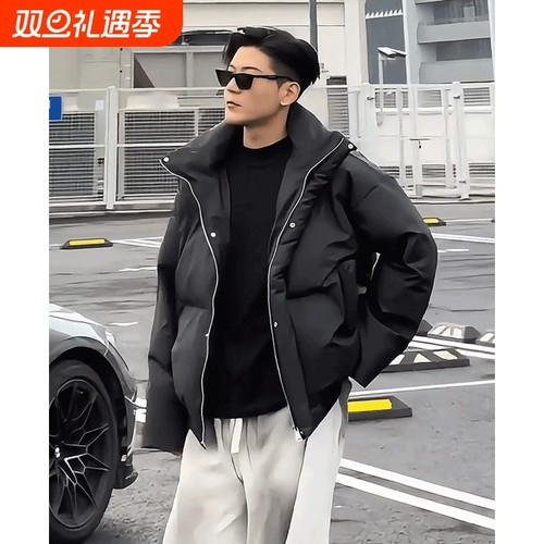 美式pu皮短款羽绒服男款冬季加厚面包服高级感痞帅棉衣ins潮黑色