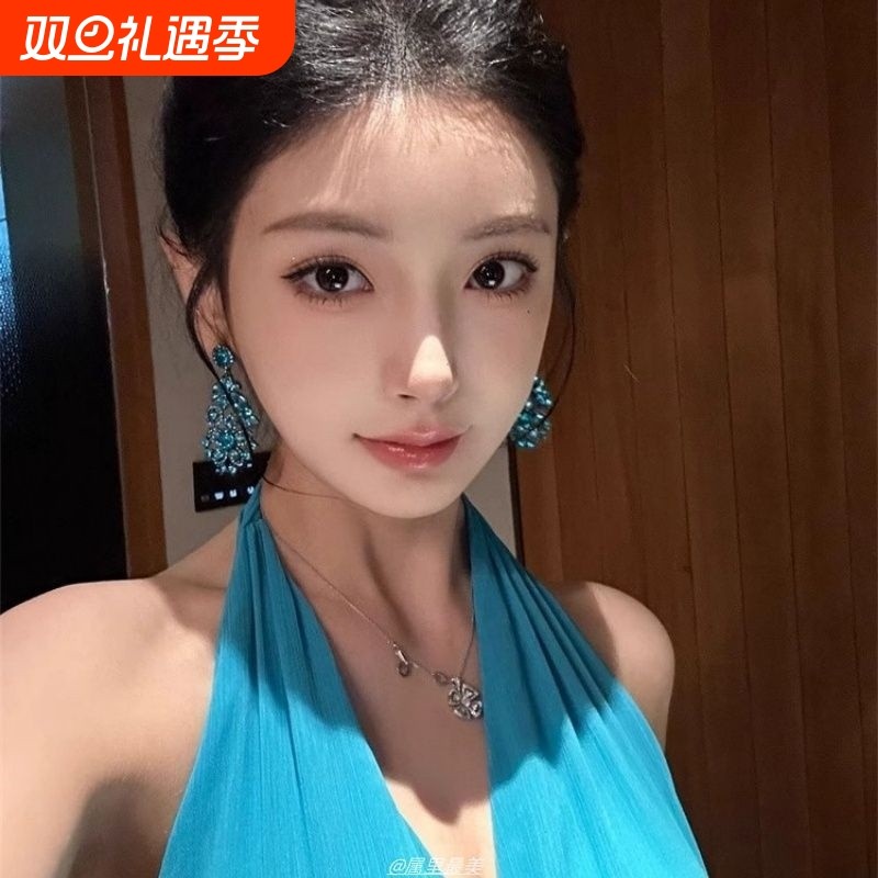 复古夸张蓝色镶钻花朵耳钉欧美中古风重工锆石耳环高级轻奢感耳坠