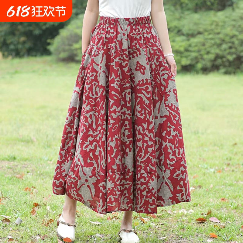 新款半身裙时尚棉麻2025高腰显瘦民族风印花中老年妈妈碎花裙子女