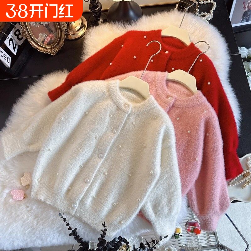 新年女童开衫毛衣水貂绒外套2026秋冬童装女宝宝毛毛上衣红色白色