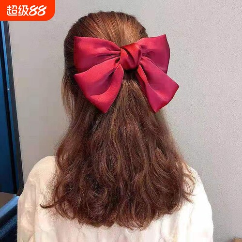 韩版红色蝴蝶结发夹超大蝴蝶结头饰网红缎面蝴蝶结发夹弹簧夹顶夹