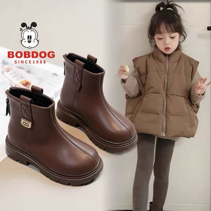 巴布豆女童靴子儿童马丁靴真皮短靴2025冬季宝宝加绒防滑黑色白色