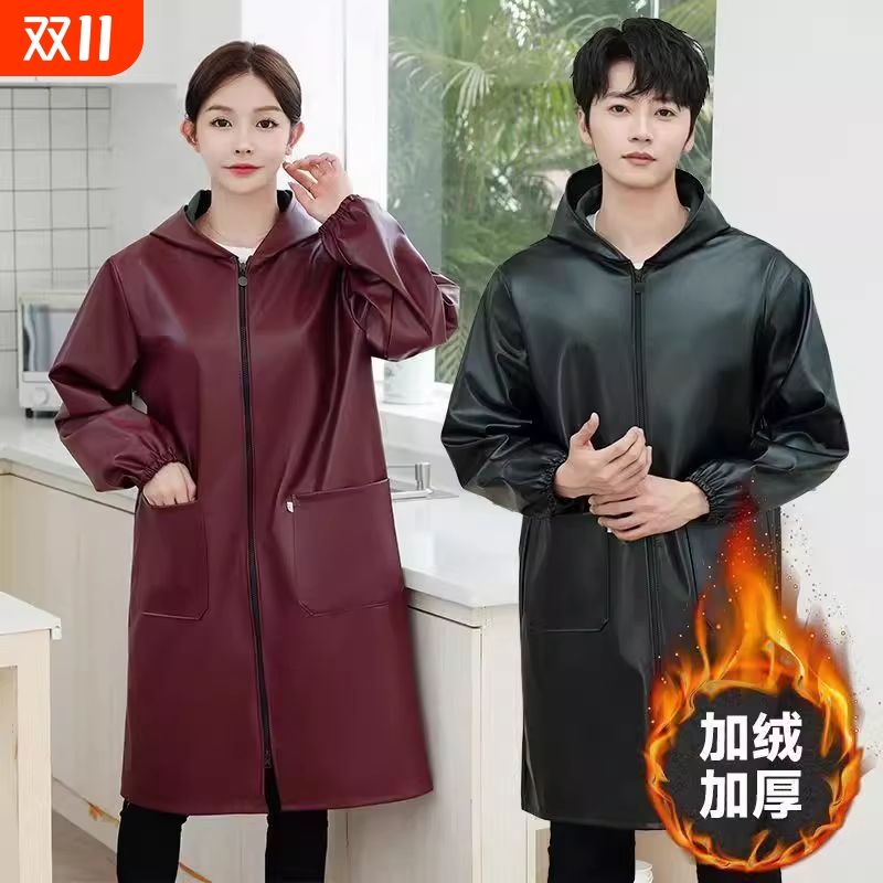 皮革加绒PU防水厚罩衣男女时尚工作服厨房家用围裙长袖冬黑色红色