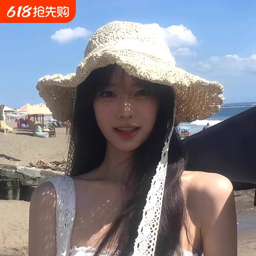 镂空编织草帽女夏季海边度假田园风蕾丝系带大檐防晒百搭渔夫帽子