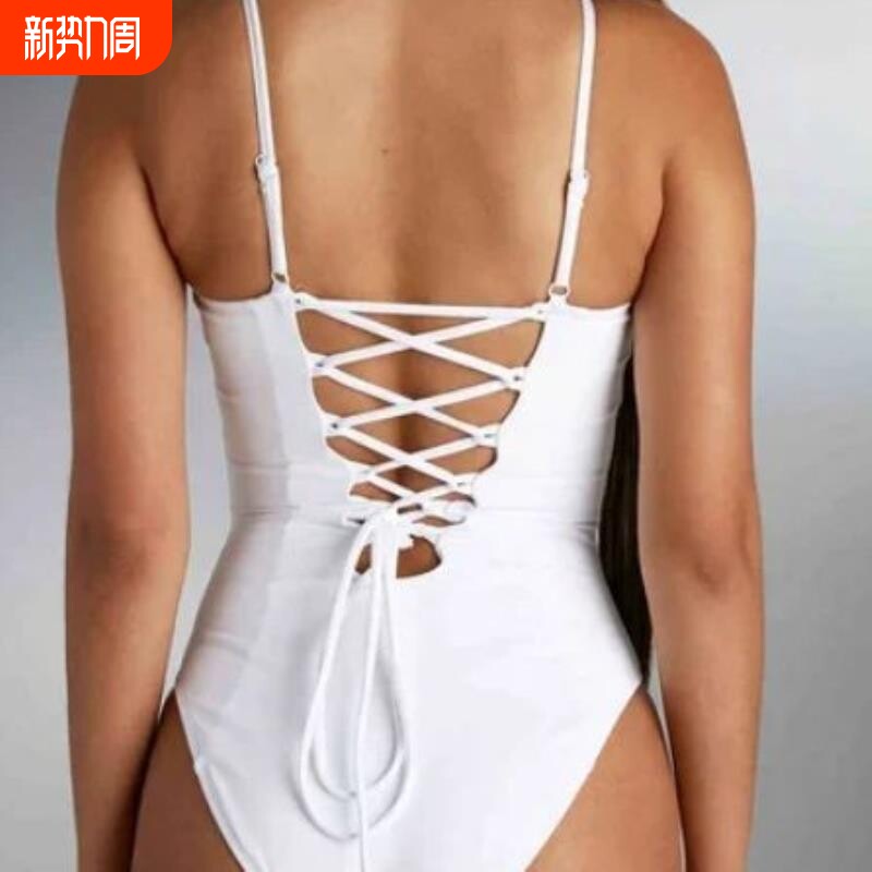 欧美跨境亚马逊性感露背连体泳衣独立站拼接绑带显瘦比基尼内衣女