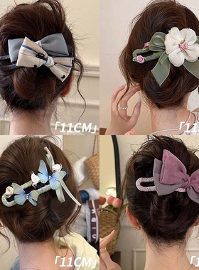 春夏蝴蝶结发夹女后脑勺2026新款大号盘发鸭嘴夹头饰抓夹绿色花朵