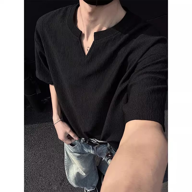 v领t恤短袖男款夏季薄款透气打底衫内搭美式半袖体恤男冰丝黑色
