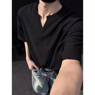 v领t恤短袖男款夏季薄款透气打底衫内搭美式半袖体恤男冰丝黑色