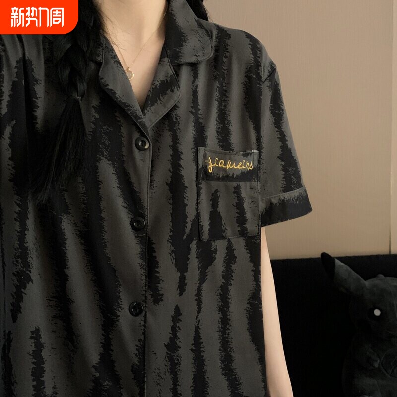 红豆情侣睡衣夏季纯棉短袖女薄款高级感深灰条纹2025年新款男夏家