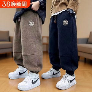 男童加绒裤子春秋冬款2024新款中大童灯芯绒卫裤一体绒保暖长裤潮