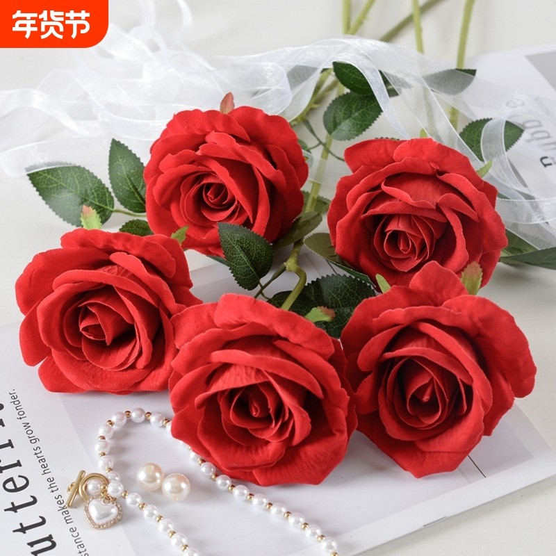 仿真大绒布玫瑰花婚庆家居装饰假花 手感情人节高级感绢花束批发
