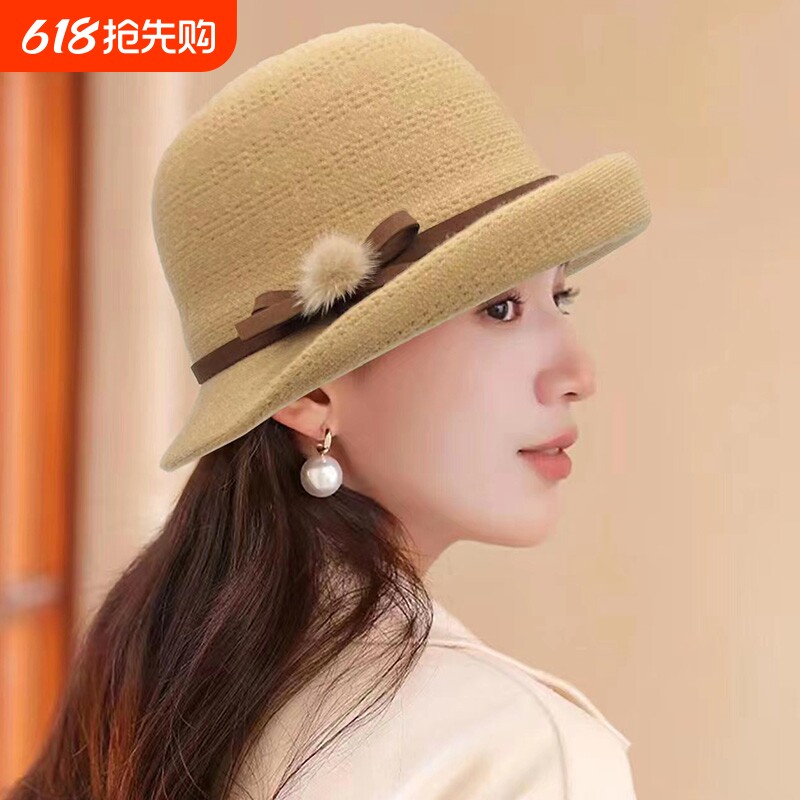 赫本风卷边帽子女士礼帽渔夫帽子女秋冬保暖英伦百搭盆帽可折叠