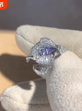 【马蹄莲】冷紫色开口花朵爆闪碎钻戒指百搭超闪奢华气质精致指环