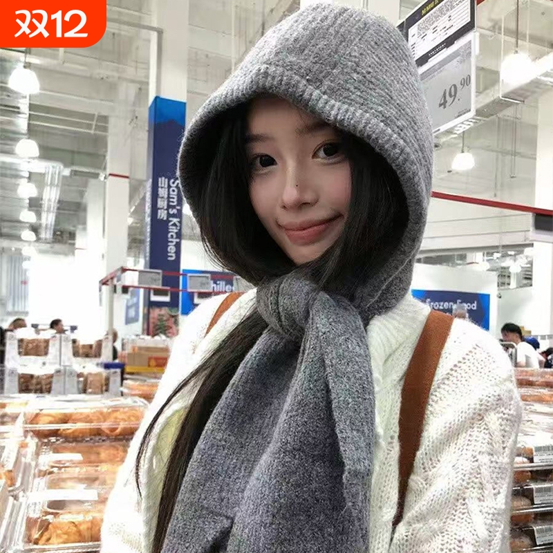 巴拉克拉法连帽子围巾一体针织帽女2025冬季韩版保暖防寒围脖披肩