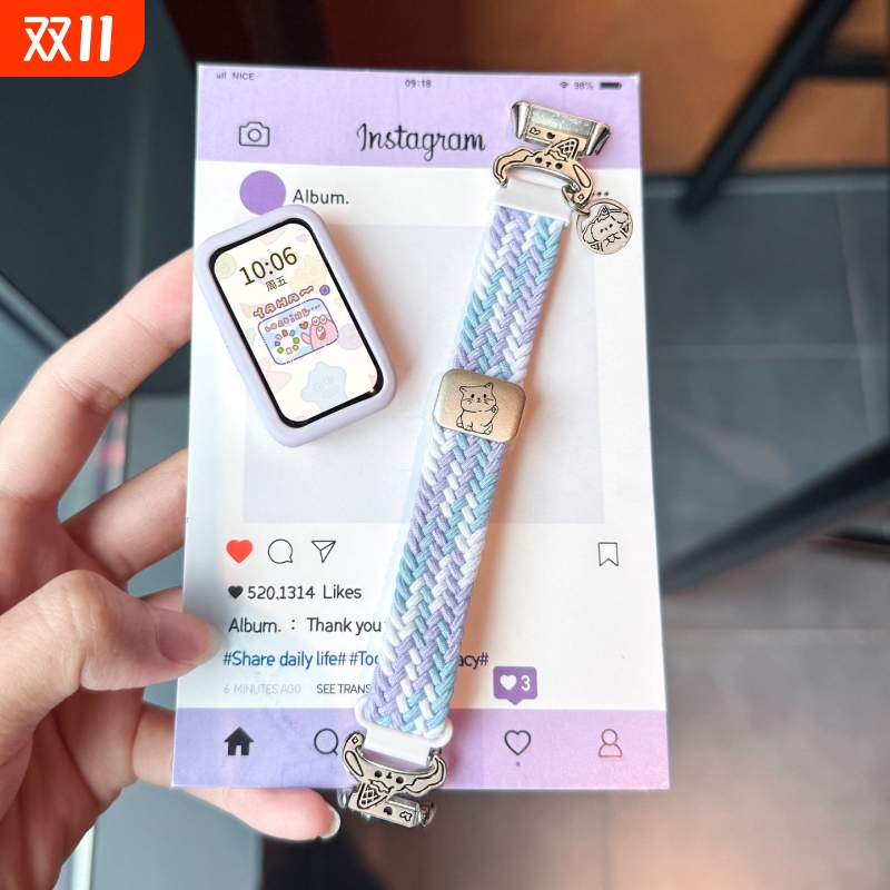 细款雪糕狗适用华为手环10/9/8手表表带7编织尼龙磁吸手环红米3/2/1替换腕带男女夏天运动原装高级透气