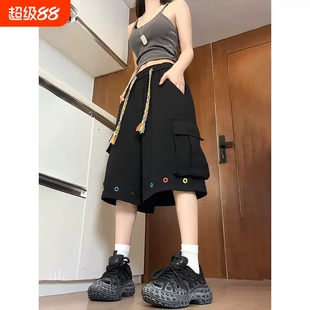 美式工装短裤男女夏季运动休闲五分裤直筒宽松阔腿六分裤黑色红色