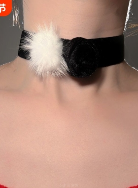 秋冬优雅气质黑色花朵白色毛绒颈链甜美气质时髦洋气小众锁骨链女