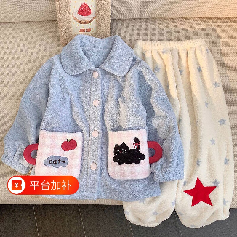 法兰绒女学生珊瑚绒冬季儿童加厚保暖亲肤女童睡衣可爱家居服套装