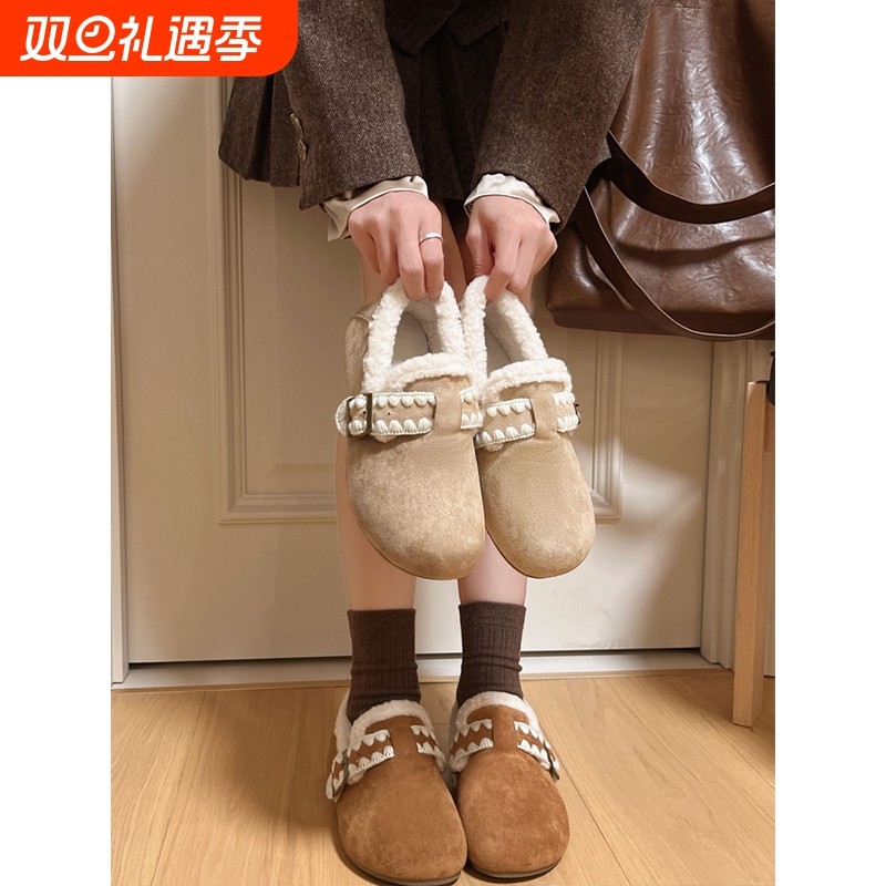 平底勃肯鞋女2025新款冬季外穿博肯加绒保暖雪地靴毛毛一脚蹬棉鞋