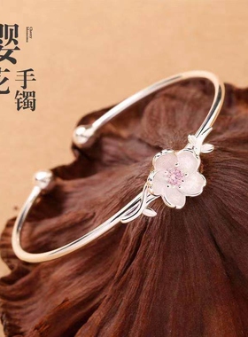幂琳足银s999樱花手镯儿童实心男女宝宝款小孩镯子纯银送蝴蝶结