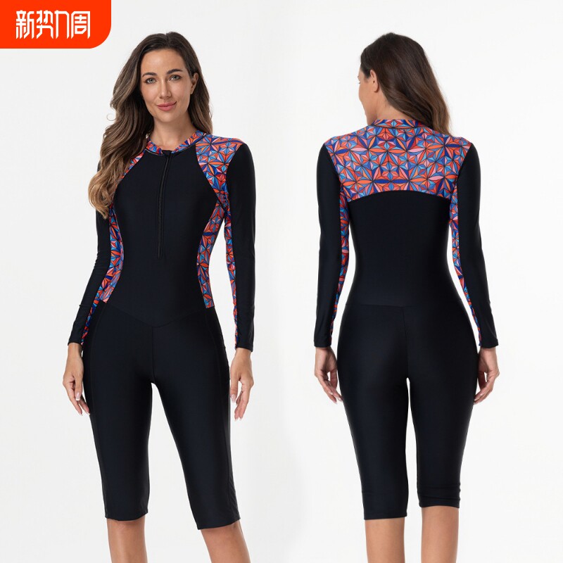 欧美泳衣女外贸连体长袖冲浪服新款平角五分裤潜水服保守大码泳装