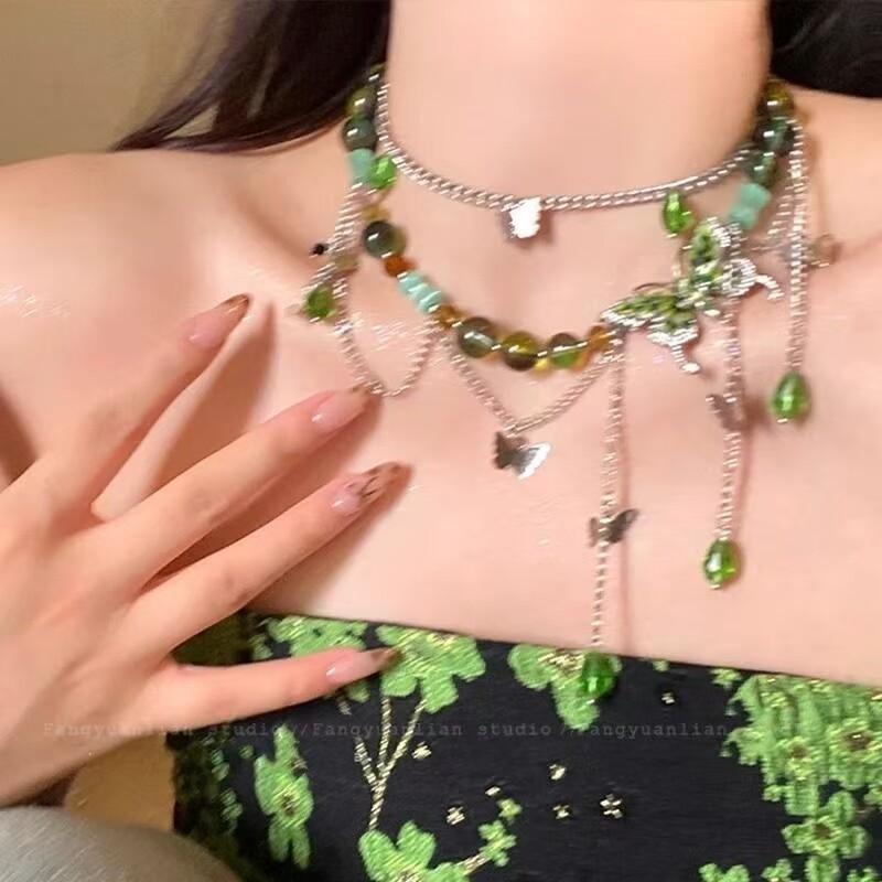 春夏季绿色蝴蝶流苏项链女2026新款高级小众锁骨链choker颈链图片
