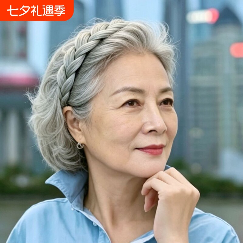 奶奶灰假发发箍中老年头箍妈妈发卡新款头饰白发细边麻花防滑发夹
