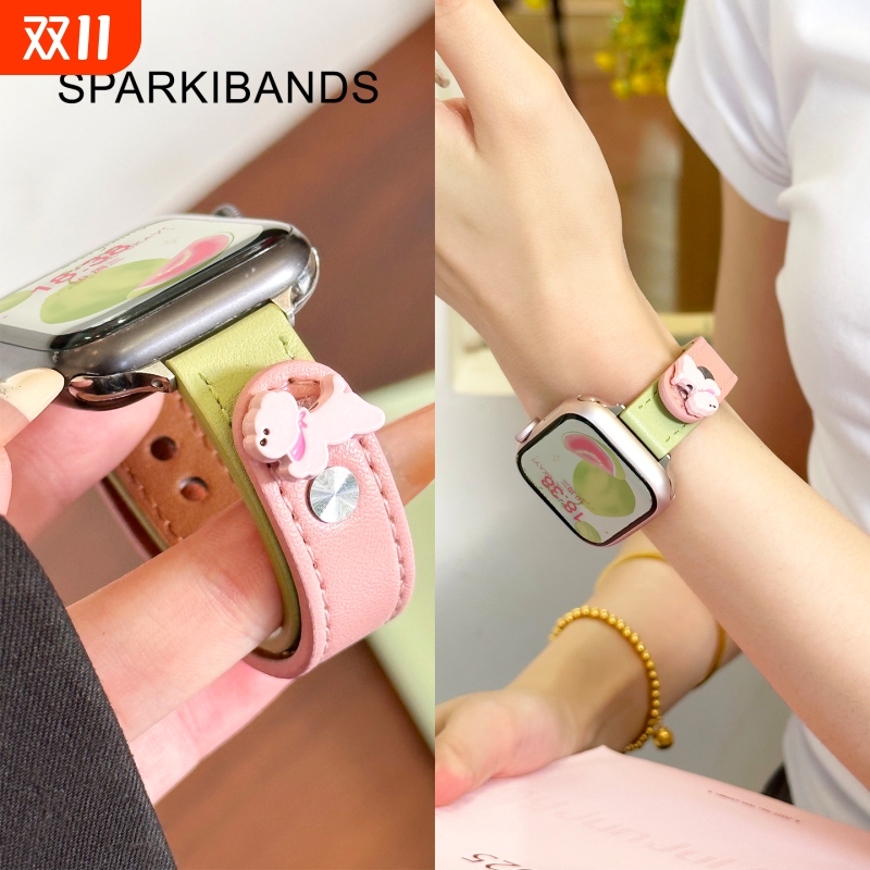 【头层牛皮】适用于applewatchs10苹果新款iwatchs9创意8手表表带SE拼色Ultra2夏季立体粉小狗双钉扣真皮质女