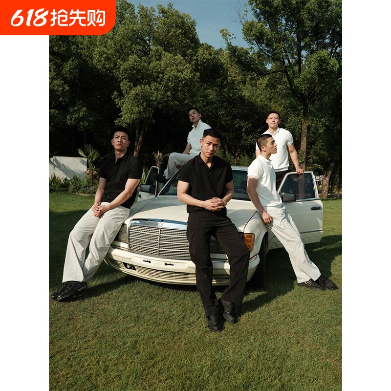 美式领POLO衫短袖男士轻薄t恤针织弹力板正T恤上衣黑色薄款白色