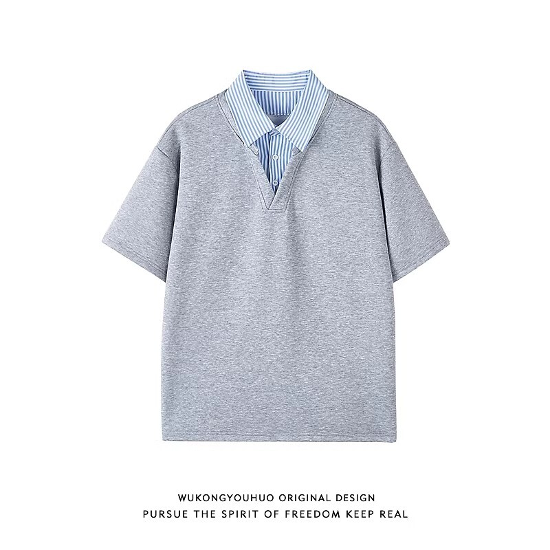 假两件条纹polo衫短袖男夏季新款t恤宽松设计感半袖体恤衬衫灰色