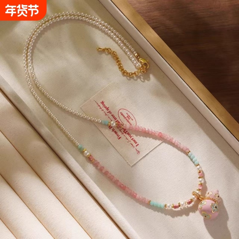新中式国风珐琅粉色葫芦项链女轻奢高级感串珠锁骨链吊坠2025新款