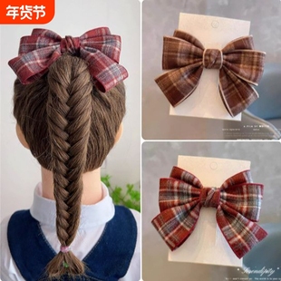 韩版秋冬呢料英伦风格子蝴蝶结儿童发夹刘海对夹发饰头饰短发卷发
